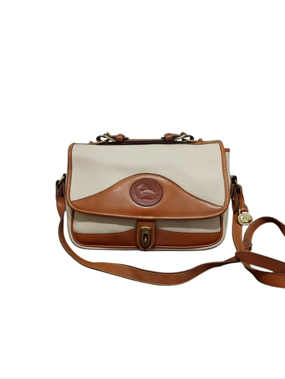 Dooney & Bourke R701 Carrier Bone & British Tan  Leather Shoulder Bag 1990's